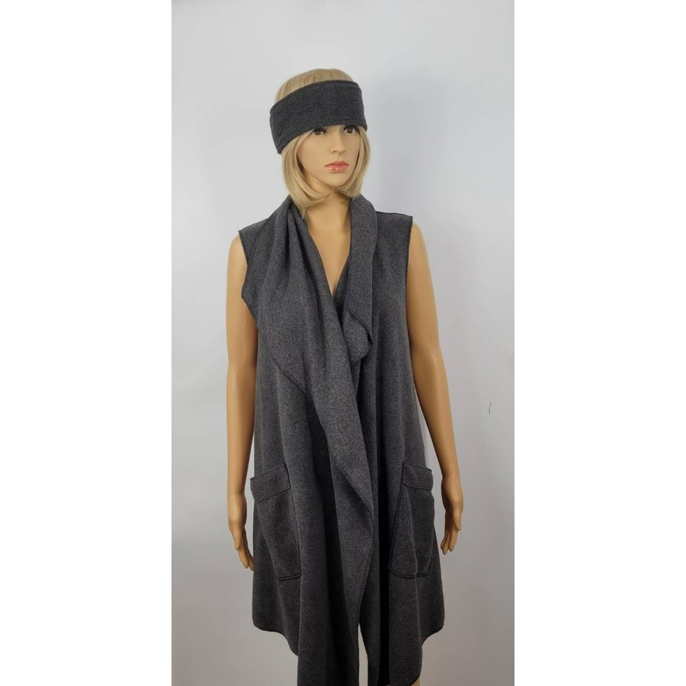 Le Moda Womens Vest Head Band Gray Long Fleece Open Pockets Winter One Size